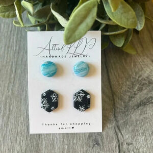 Handmade Black Snowflake & Blue Swirl Stud Pack